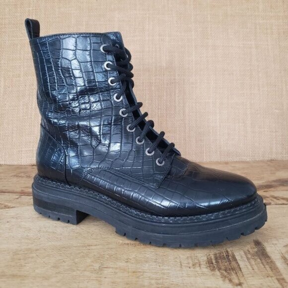 Napoleoni Black Leather Croc-Emboss Lace Up Combat Moto Chunky Sole EU 38 / US 8